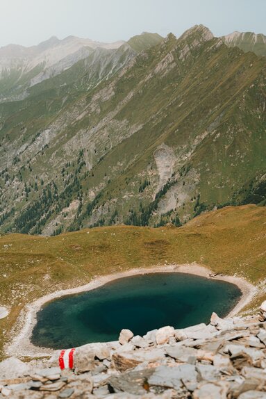 Ein Bergsee, aufgenommen von oben, mit grasbewachsenen Berghängen im Hintergrund | © TVB Wipptal | Johannes Bitter
