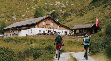 Zwei Radfahrer auf einem Mountainbikeweg fahren zu einer Alm  | © TVB Wipptal | Johannes Bitter