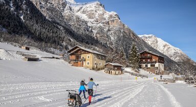 Langläufer in Gschnitz mit einem Kinderwagenanhänger | © TVB Wipptal | Joakim Strickner