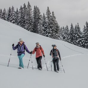Drei Frauen stapfen nebeneinander durch den Tiefschnee | © TVB Wipptal | Joakim Strickner