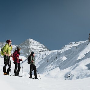 Eine Gruppe von drei Personen wandert durch eine verschneite Winterlandschaft  | © TVB Wipptal | Johannes Bitter