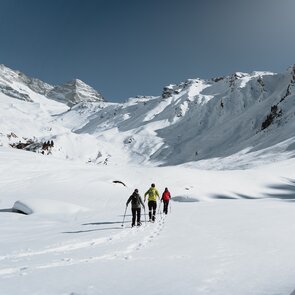Eine Gruppe von drei Personen wandert auf Schneeschuhen durch eine verschneite Winterlandschaft  | © TVB Wipptal | Johannes Bitter