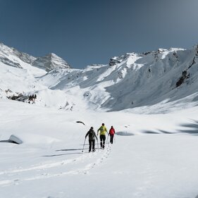 Eine Gruppe von drei Personen wandert auf Schneeschuhen durch eine verschneite Winterlandschaft  | © TVB Wipptal | Johannes Bitter