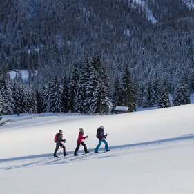 Drei Freundinnen beim Winterwandern durch die verschneite Landschaft bei Maria Waldrast | © TVB Wipptal - Joakim Strickner