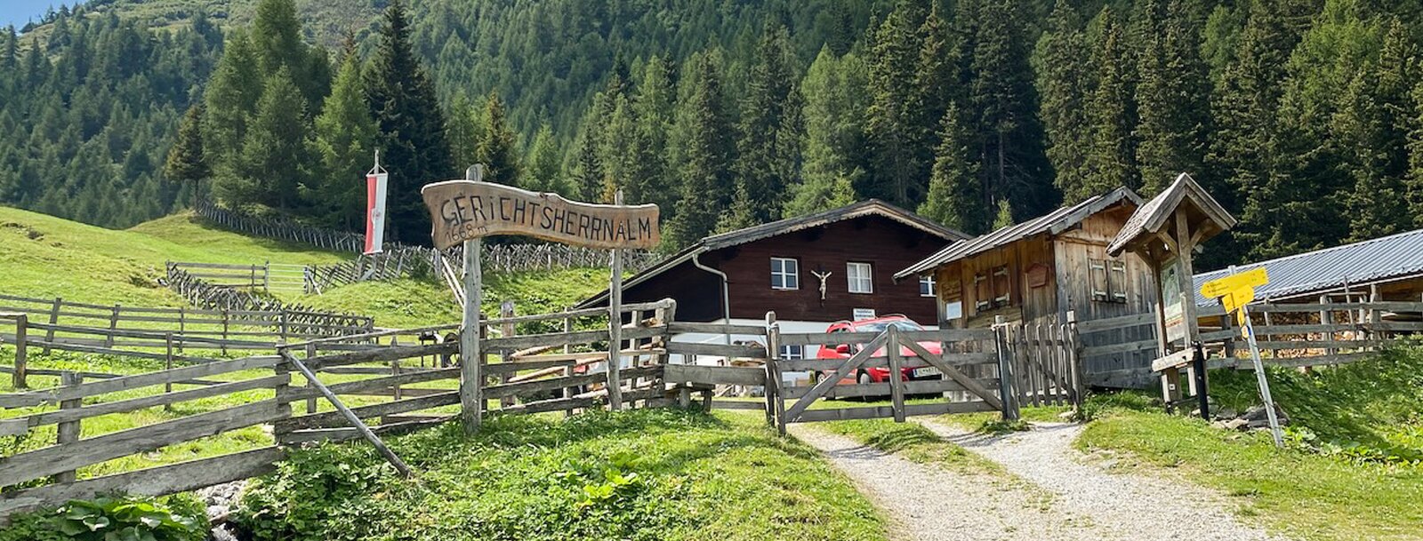 Ein Zufahrtsweg führt zu einer Almhütte, die umgeben von Bergwiesen vor einem Wald steht | © Daniela Plattner