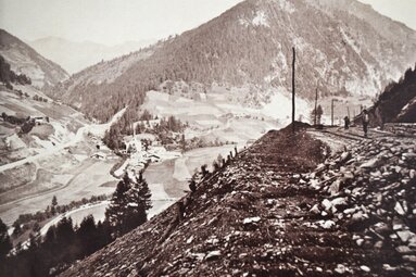Bau der Bahnschleife mit Kehrtunnel in St. Jodok um 1865 | © Unbekannt