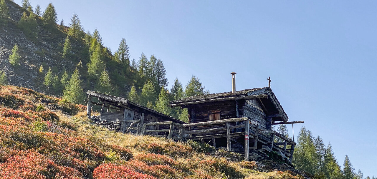 Eine kleine Holzhütte steht in einem Berghang umgeben von herbstlich gefärbten Almwiesen.