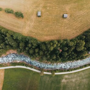 Drohnenaufnahme vom Gschnitztalbach der sich zwischen grünen Feldern durchschlängelt | © Tourismusverband Wipptal | Johannes Bitter