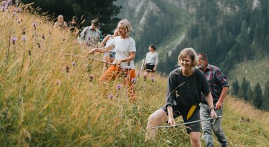 Gruppe von Menschen beim Sensenmähen | © TVB Wipptal | Johannes Bitter